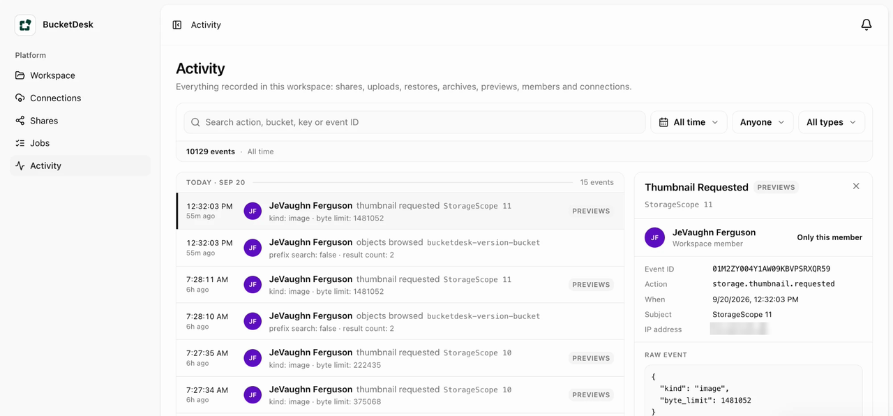 Activity page listing recorded events