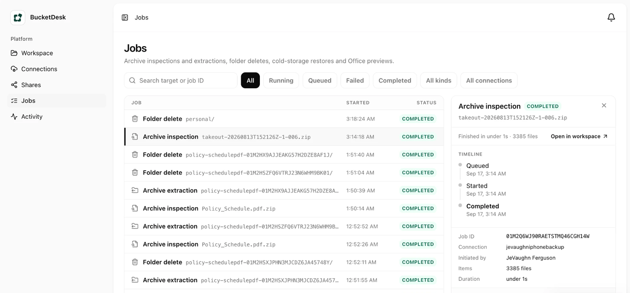 Jobs page showing a completed archive extraction