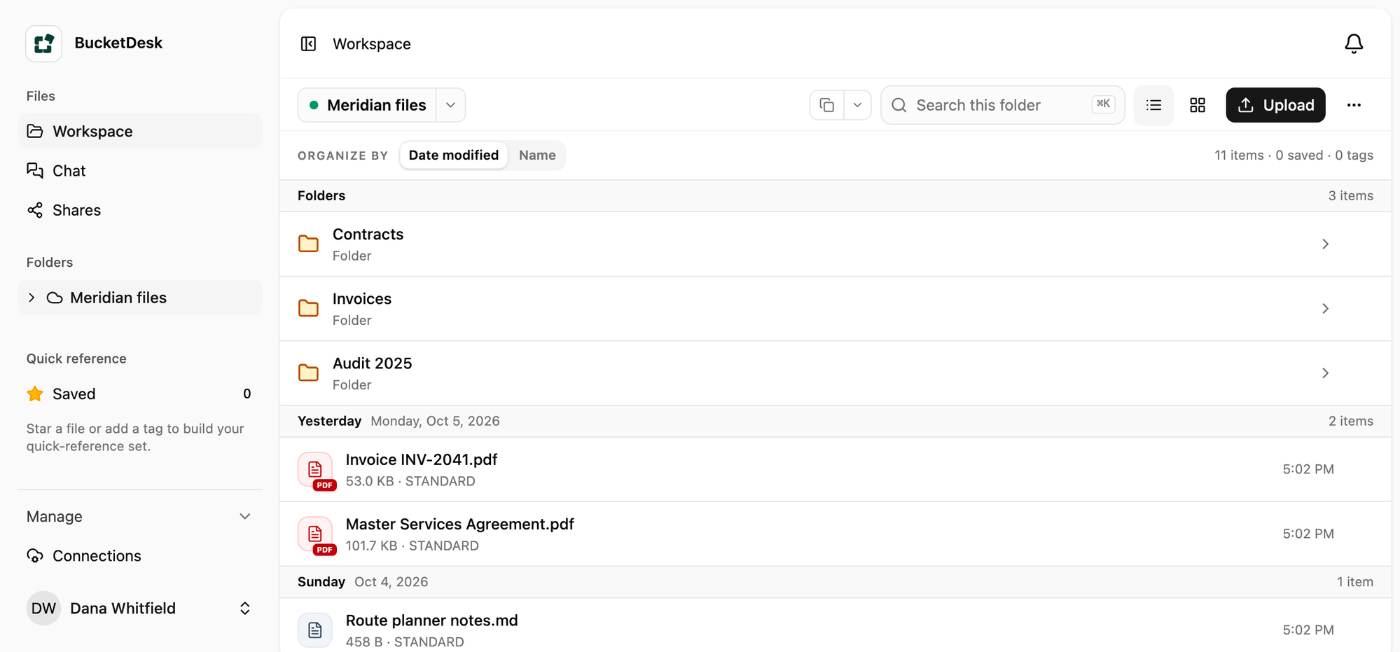 Workspace showing a client’s Contracts, Invoices and Audit folders with two PDFs